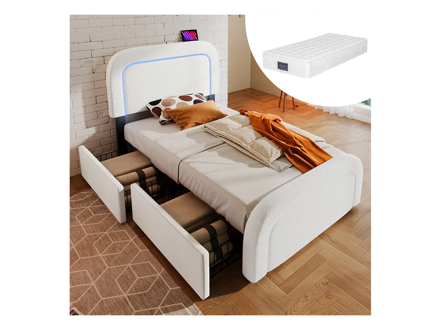 Lit simple 90x200 cm lit enfant avec USB et éclairage LED et 2 tiroirs - Sherp blanc - matelas inclus