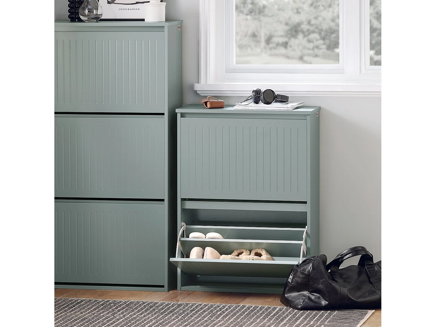 SoBuy Meuble à Chaussures Meuble d'entrée Meuble de Rangement à Chaussures avec 2 Abattants pour Petite Entrée Couloir, Gris, LPH 61x26x81 cm, FSR165-K-HG