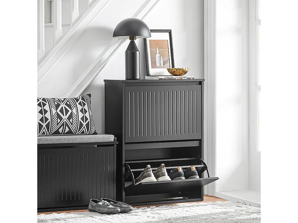 SoBuy Meuble à Chaussures Meuble d'entrée Meuble de Rangement à Chaussures avec 2 Abattants pour Petite Entrée Couloir, Noir, LPH 61x26x81 cm, FSR165-K-SCH