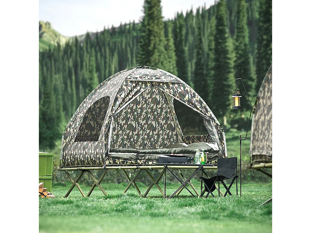 SoBuy Tente de Camping 4 en 1 Pliable Lit Surélevé, Toit, Sac de Couchage, Matelas Gonflable -2 Personnes - Idéal pour Randonnée, Festival et Plein Air OGS32-L-TN