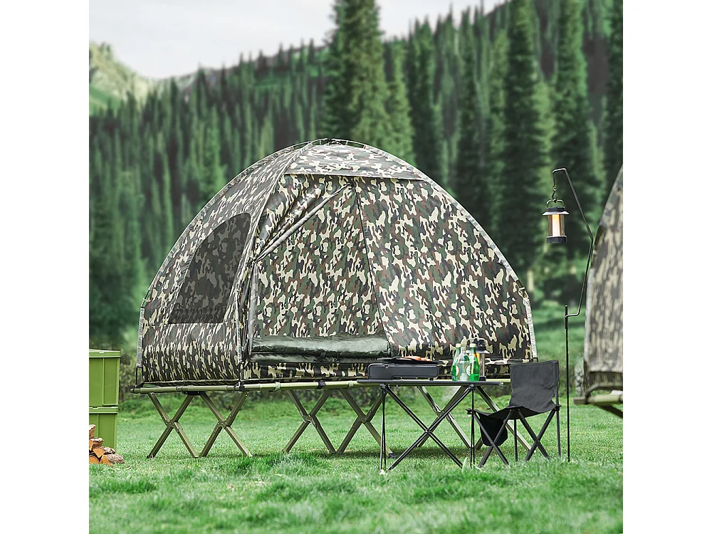 SoBuy Tente de Camping 4 en 1 Pliable Lit Surélevé, Toit, Sac de Couchage, Matelas Gonflable -2 Personnes - Idéal pour Randonnée, Festival et Plein Air OGS32-L-TN