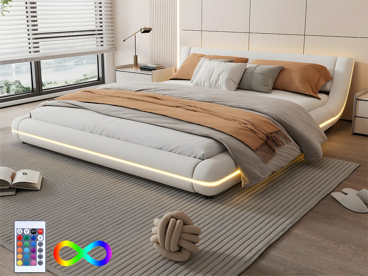 Cama doble 160x200cm - en símil piel - con LED y mando a distancia - Blanco