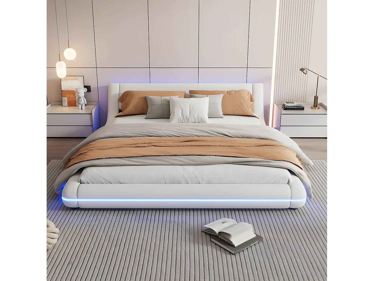 Cama doble 160x200cm - en símil piel - con LED y mando a distancia - Blanco