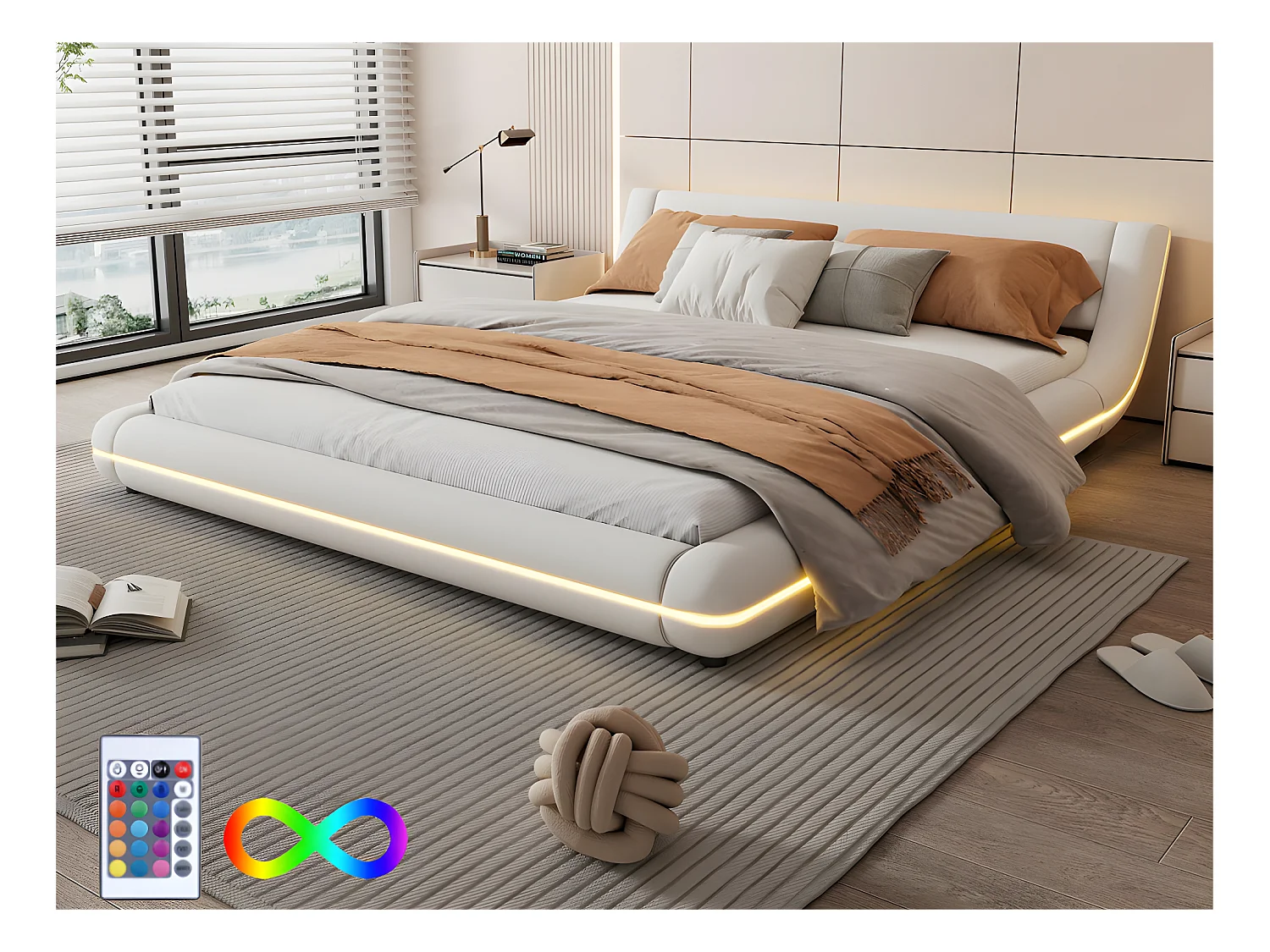 Tweepersoonsbed 160x200cm - in kunstleer - met LED en afstandsbediening - Wit