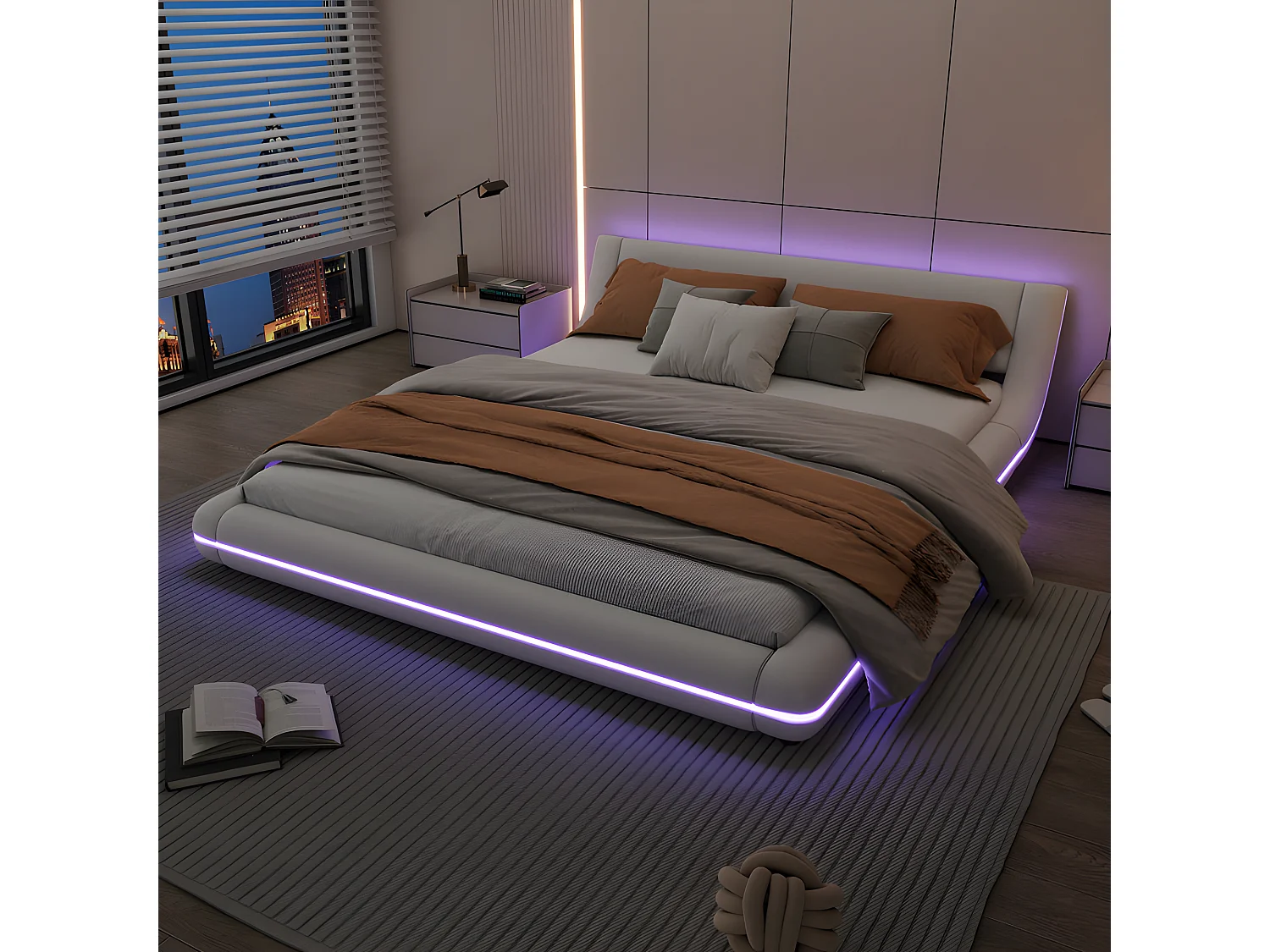 Letto matrimoniale 160x200cm - in similpelle - con LED e telecomando - Bianco