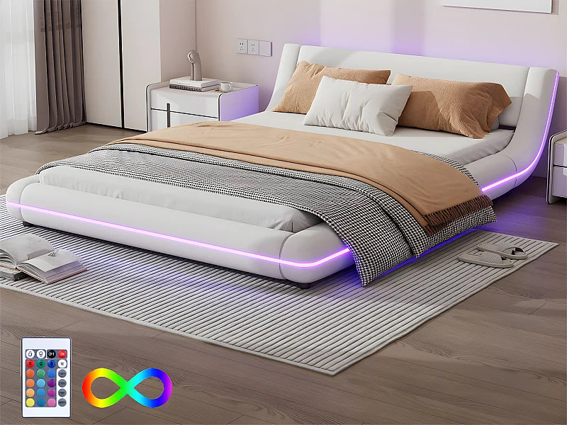 Letto matrimoniale 140x200cm - in similpelle - con LED e telecomando - Bianco