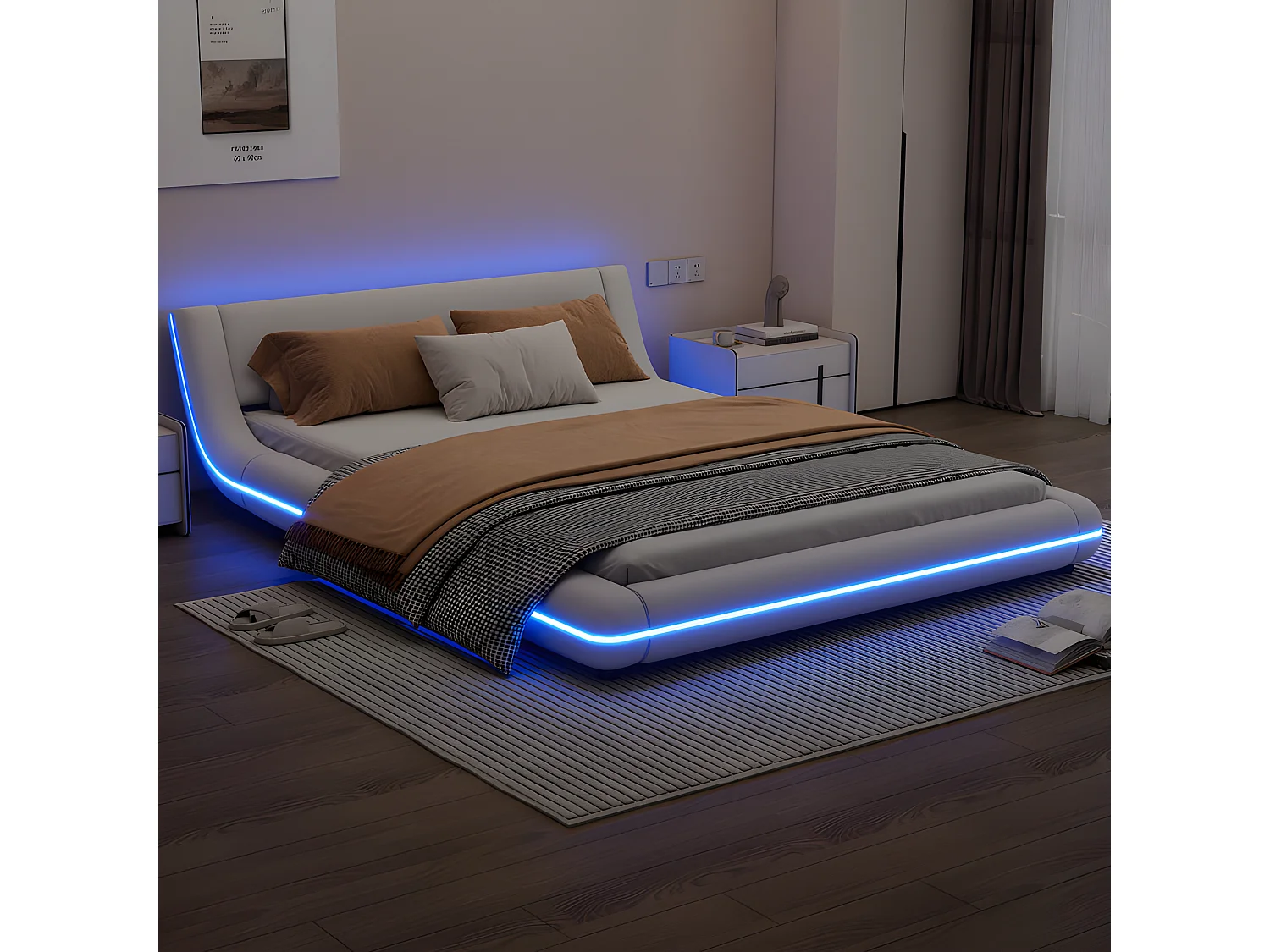 Letto matrimoniale 140x200cm - in similpelle - con LED e telecomando - Bianco