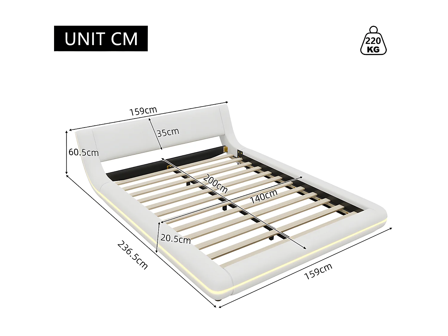Letto matrimoniale 140x200cm - in similpelle - con LED e telecomando - Bianco