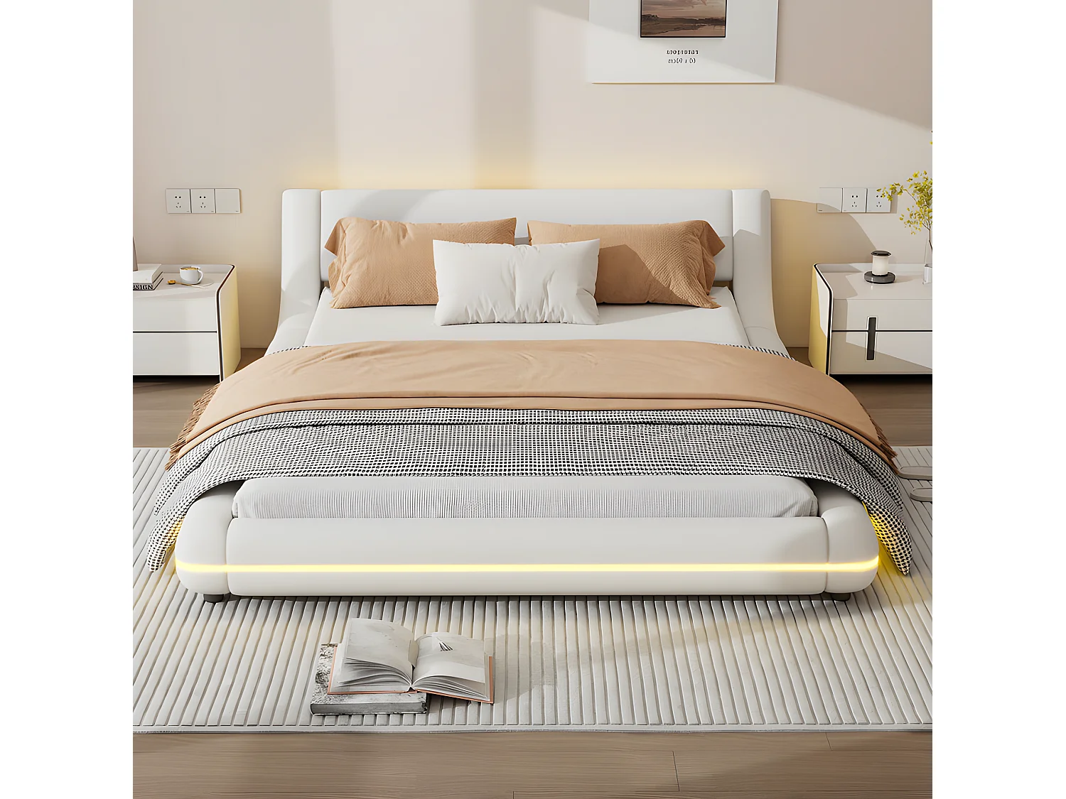 Lit double 140x200cm - en similicuir - avec LED et télécommande - Blanc