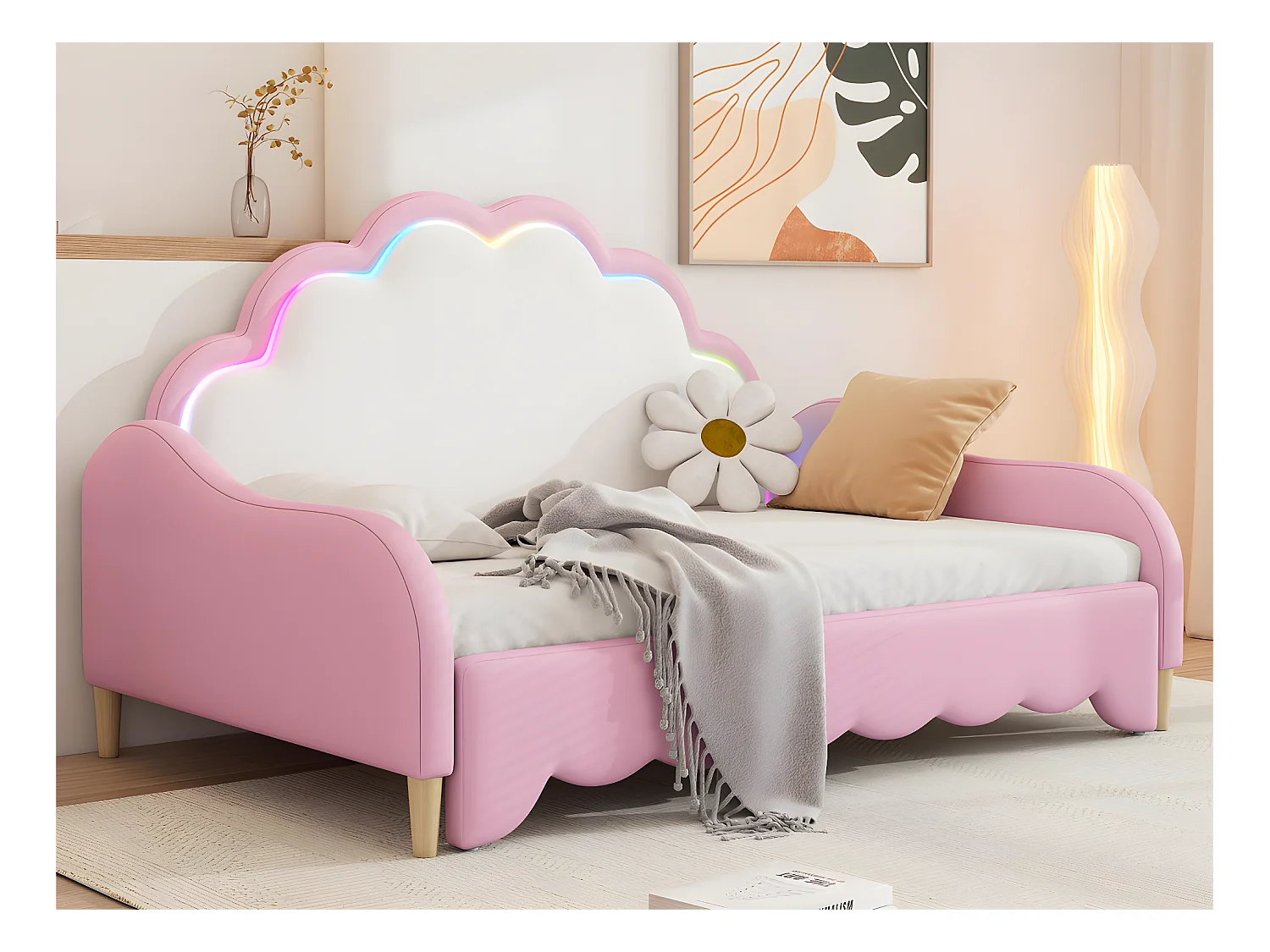 Lit enfant tirable en similicuir - 140x200cm - avec LED et télécommande - Rose (équipé d'un matelas)