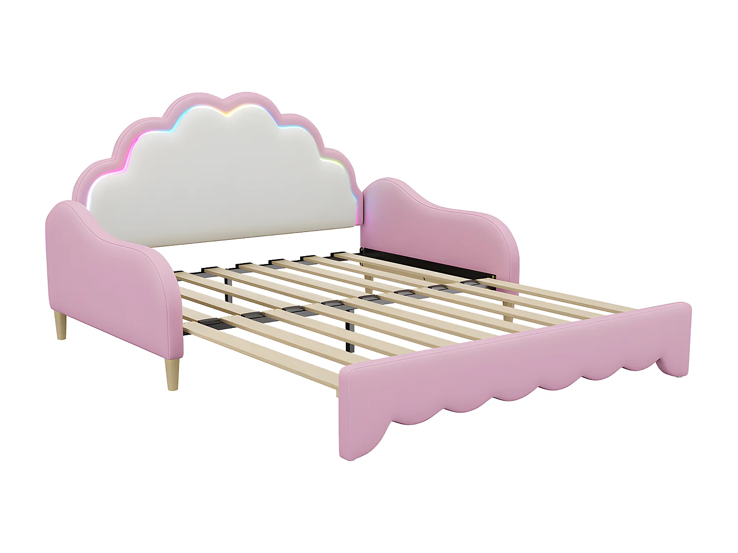 Lit enfant tirable en similicuir - 140x200cm - avec LED et télécommande - Rose (équipé d'un matelas)