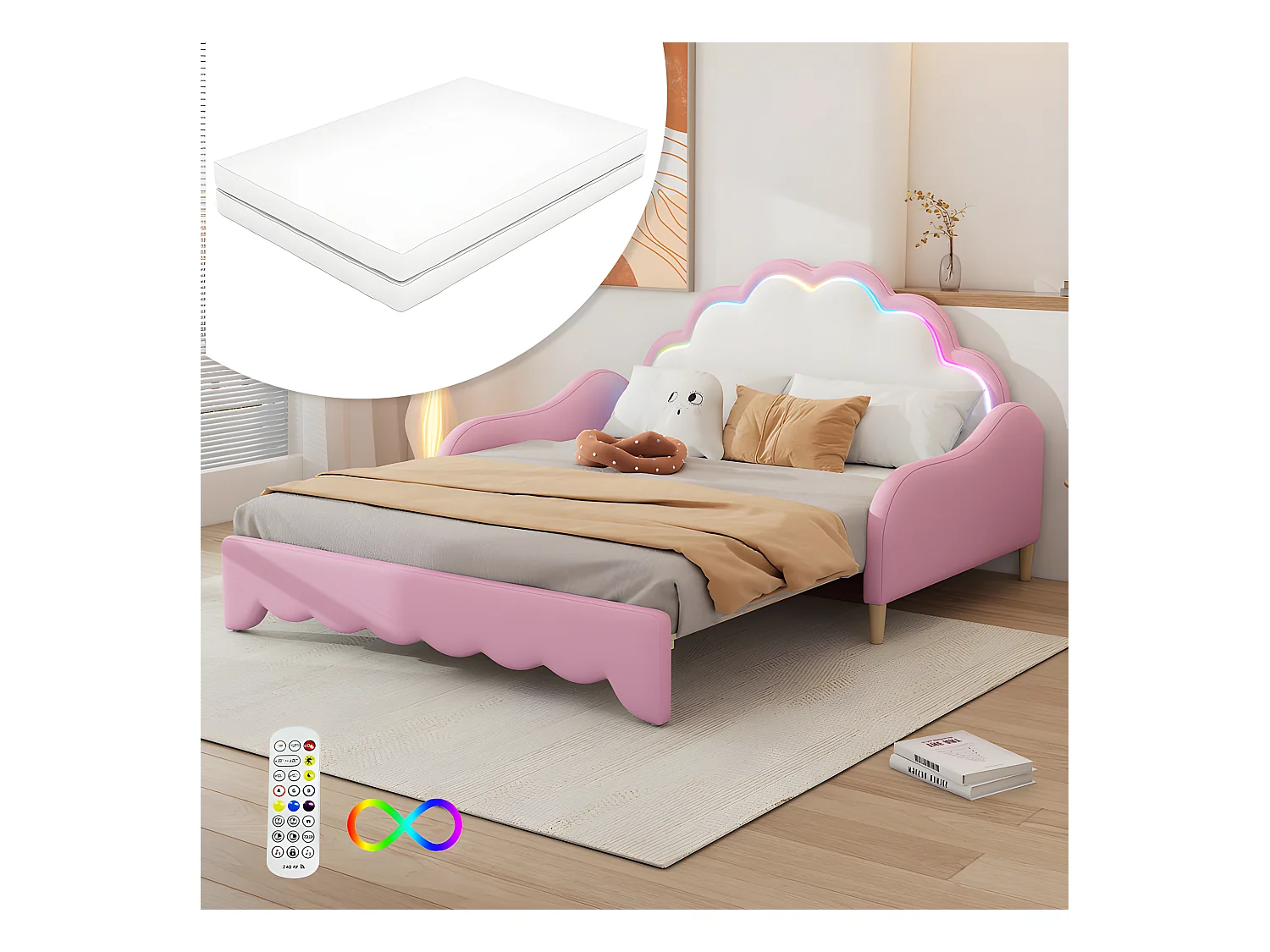 Lit enfant tirable en similicuir - 140x200cm - avec LED et télécommande - Rose (équipé d'un matelas)