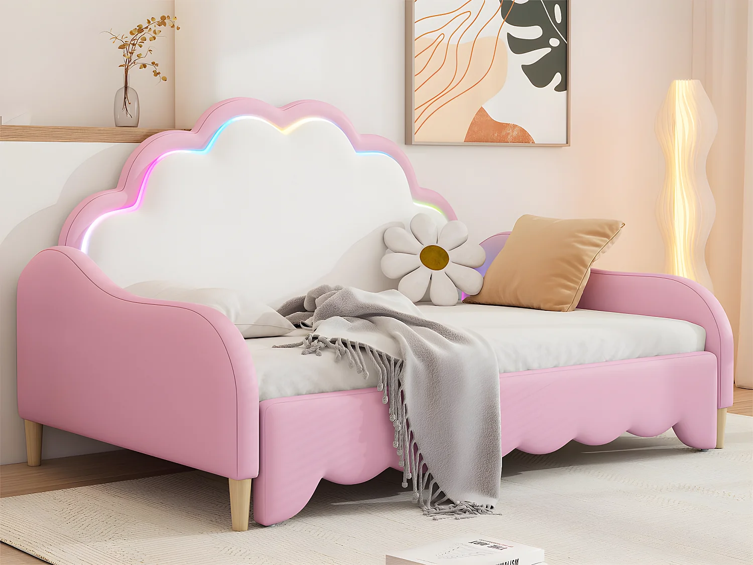 Ausziehbares Kinderbett aus Kunstleder – 140x200cm – mit LED und Fernbedienung – Pink (ausgestattet mit Matratze)