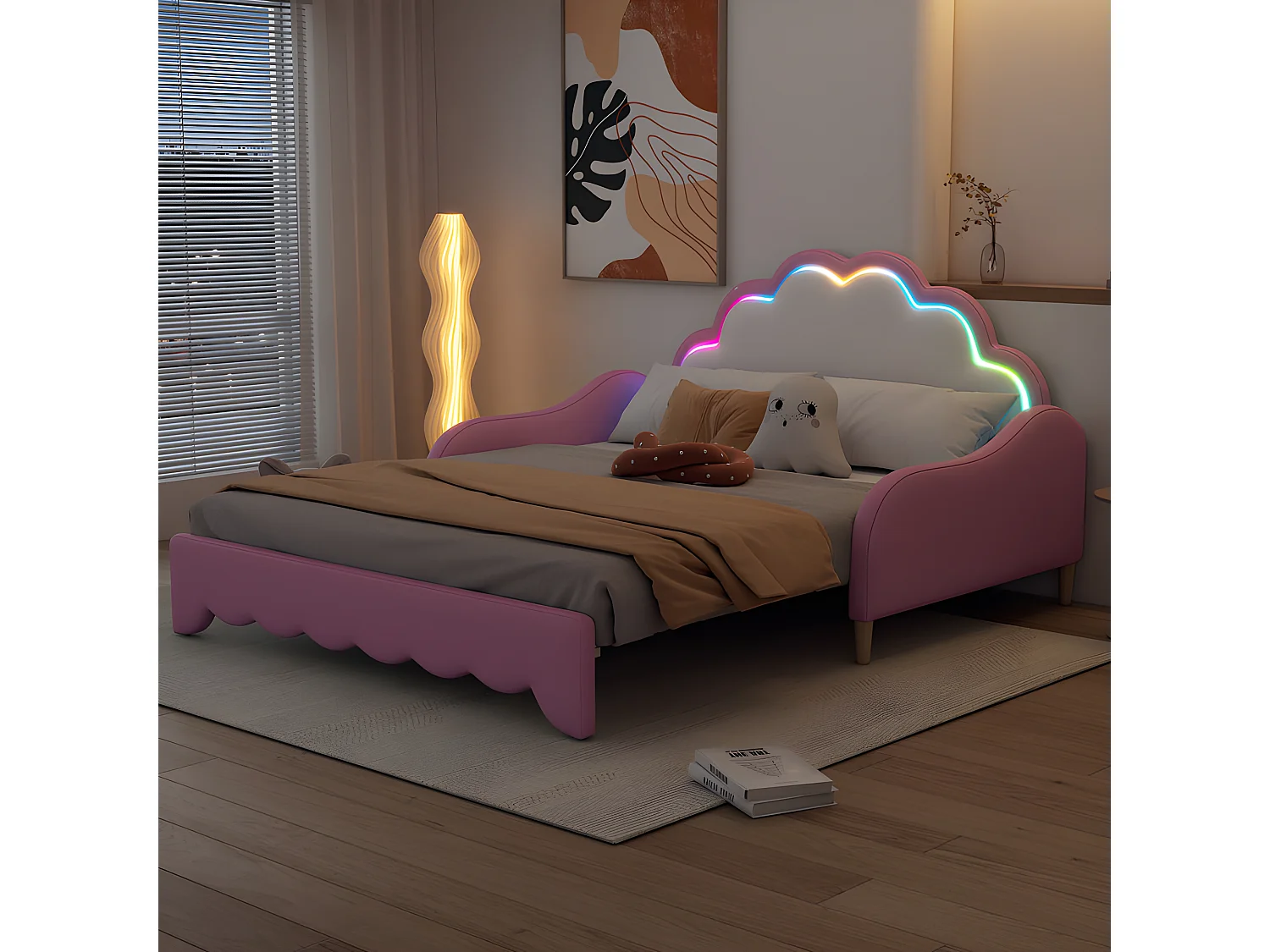 Ausziehbares Kinderbett aus Kunstleder – 140x200cm – mit LED und Fernbedienung – Pink (ausgestattet mit Matratze)
