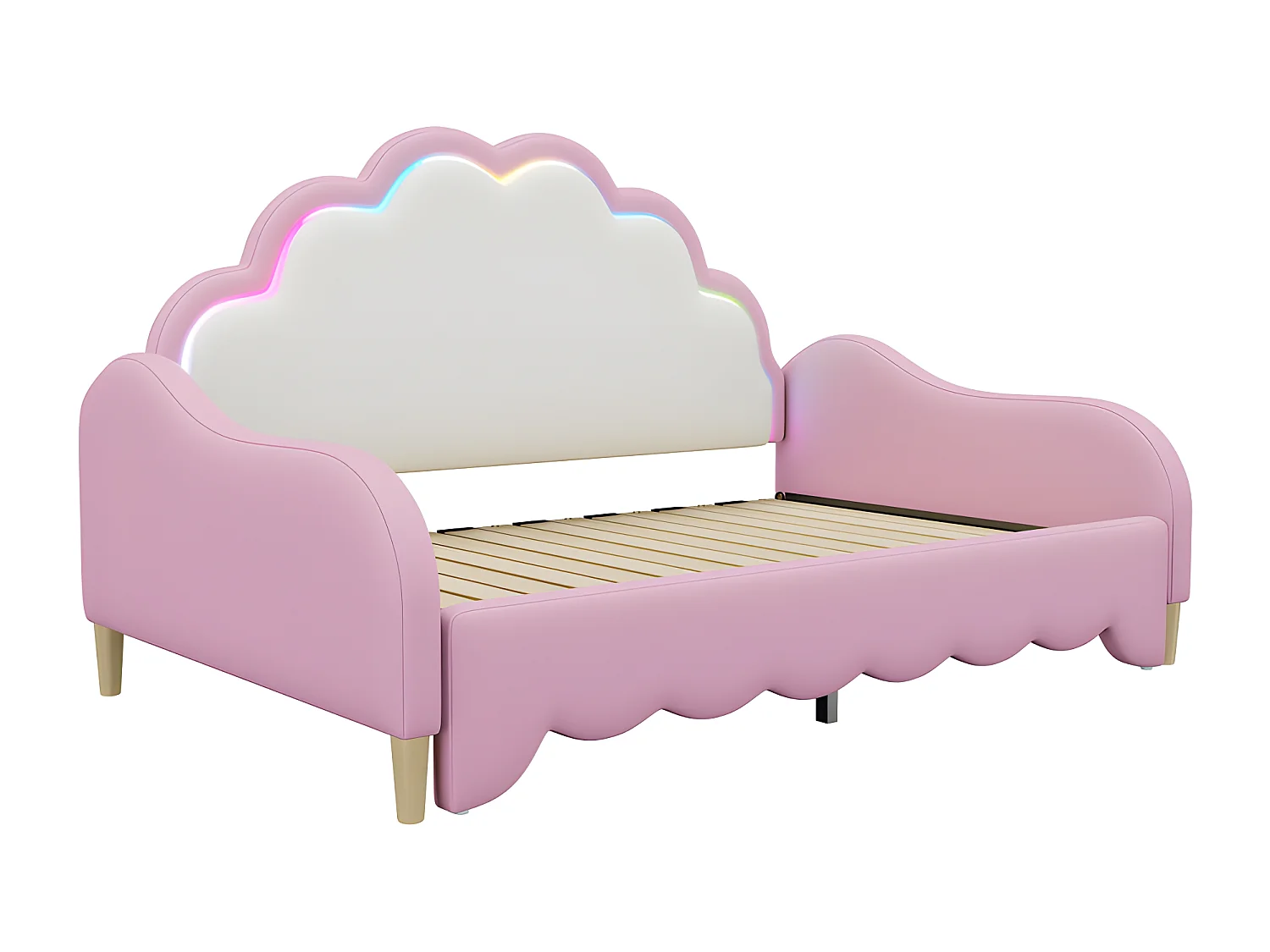 Ausziehbares Kinderbett aus Kunstleder – 140x200cm – mit LED und Fernbedienung – Pink (ausgestattet mit Matratze)