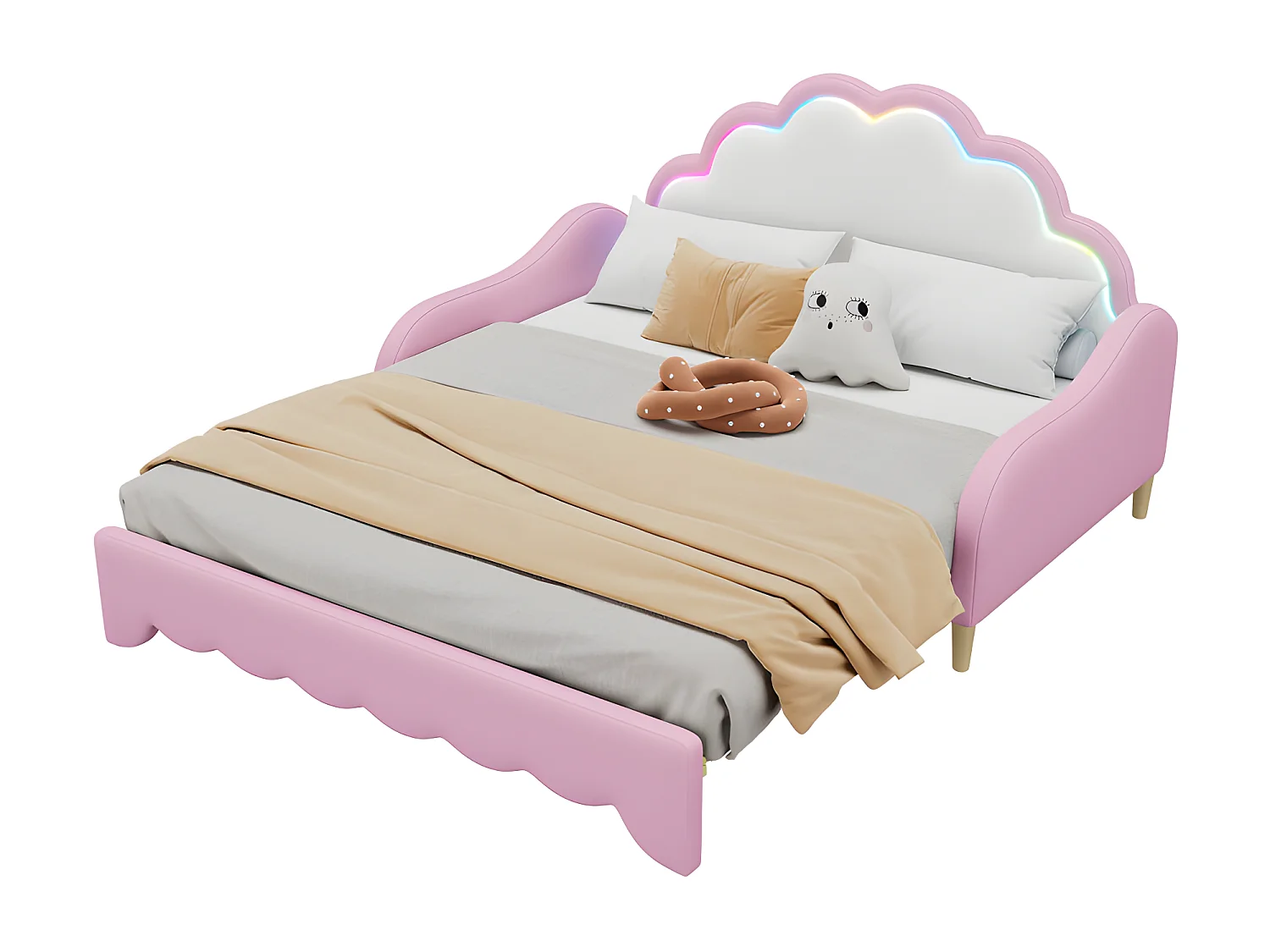 Ausziehbares Kinderbett aus Kunstleder – 140x200cm – mit LED und Fernbedienung – Pink (ausgestattet mit Matratze)