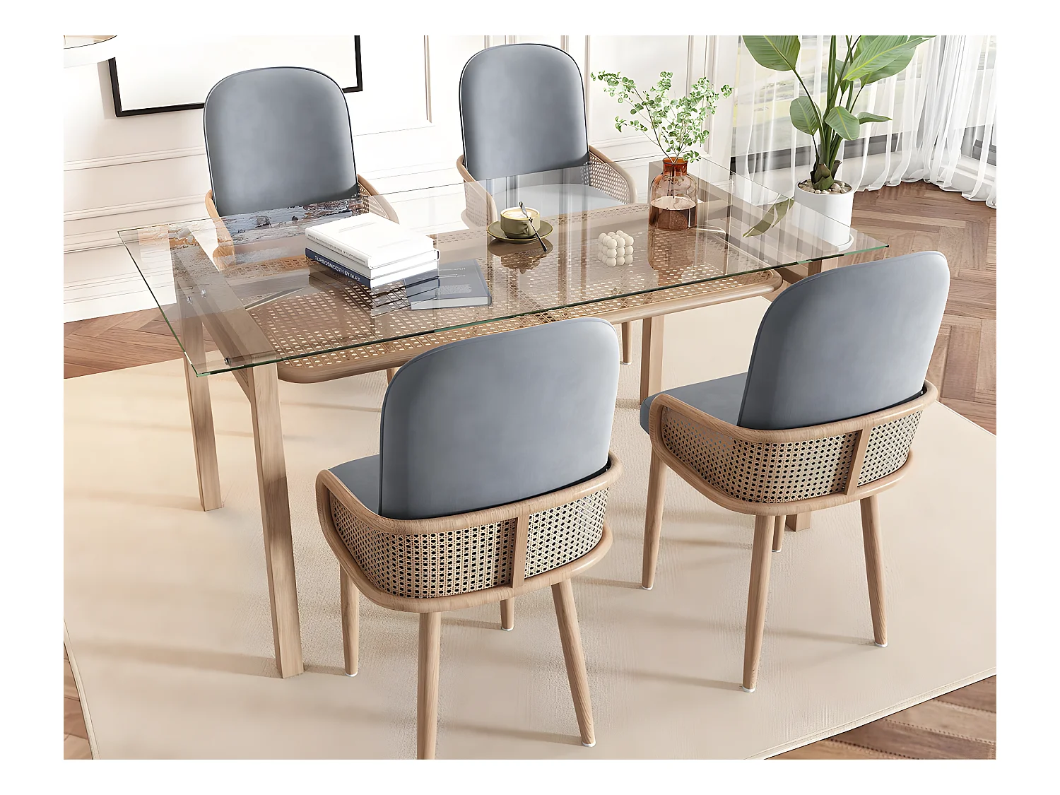Lot de 4 Chaises en Velours avec accoudoirs en Rotin - 4 pieds en métal naturel - Gris