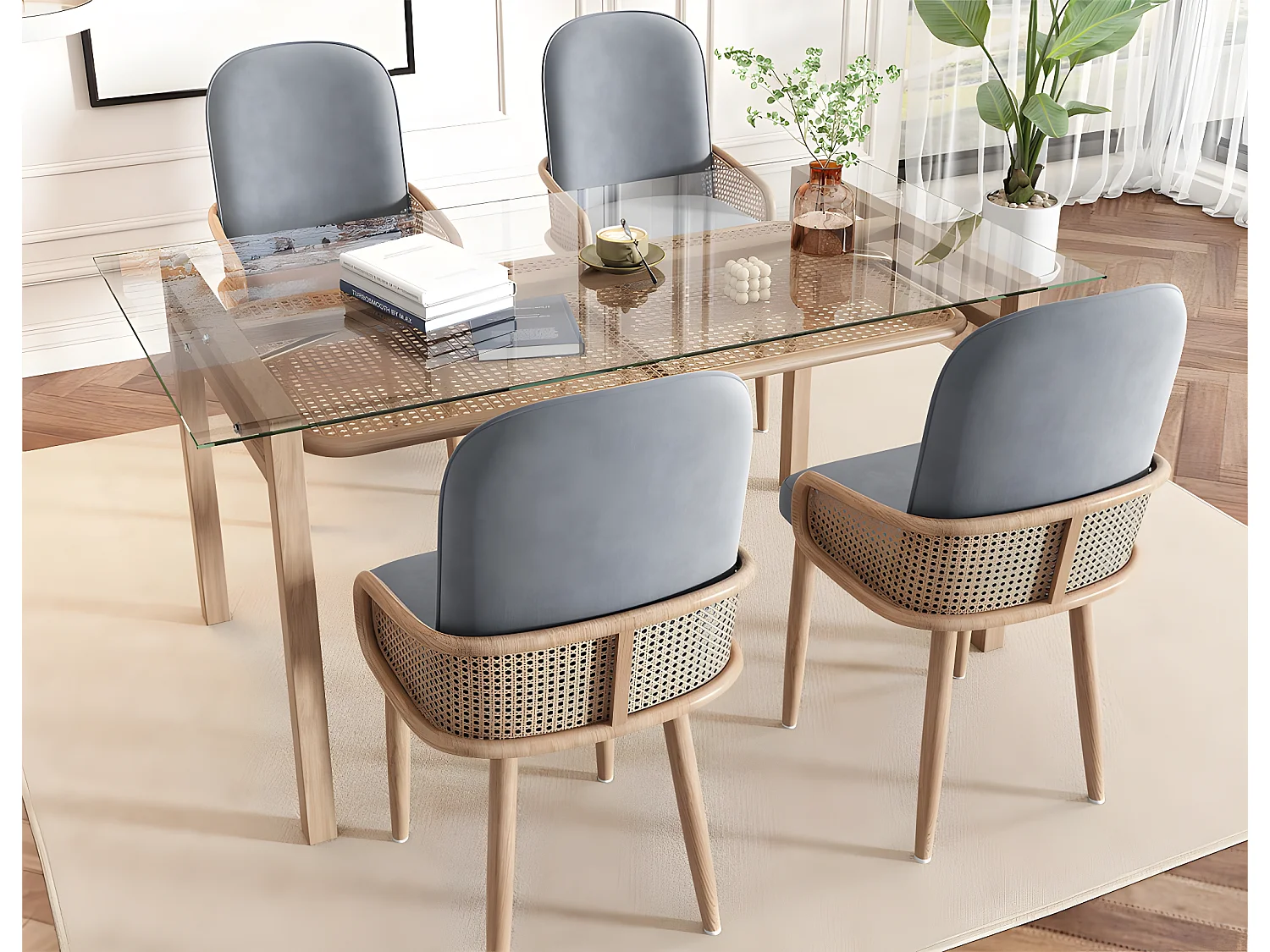 Lot de 4 Chaises en Velours avec accoudoirs en Rotin - 4 pieds en métal naturel - Gris