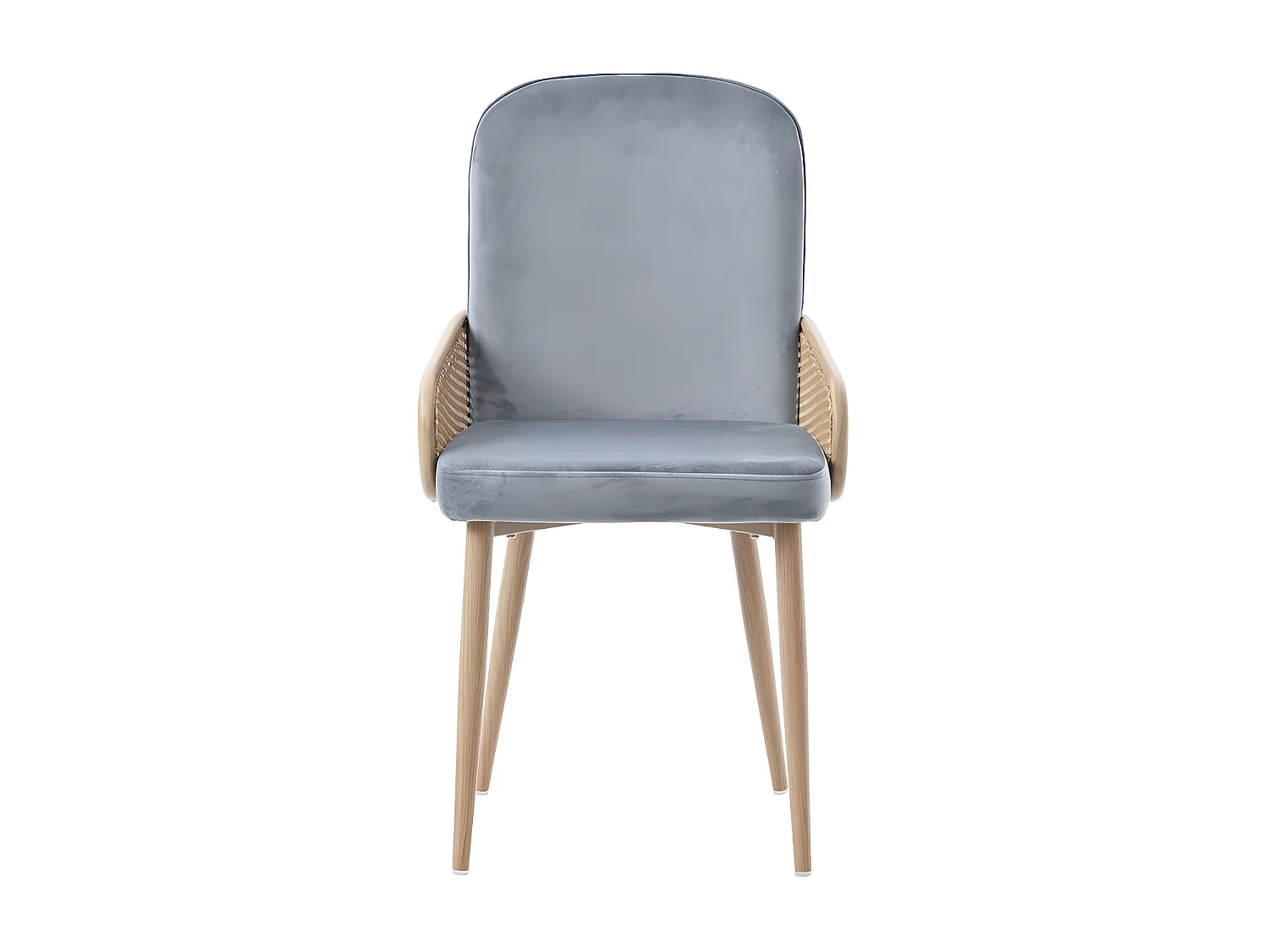 Lot de 4 Chaises en Velours avec accoudoirs en Rotin - 4 pieds en métal naturel - Gris