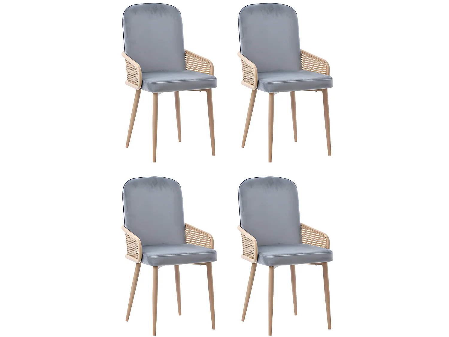 Lot de 4 Chaises en Velours avec accoudoirs en Rotin - 4 pieds en métal naturel - Gris