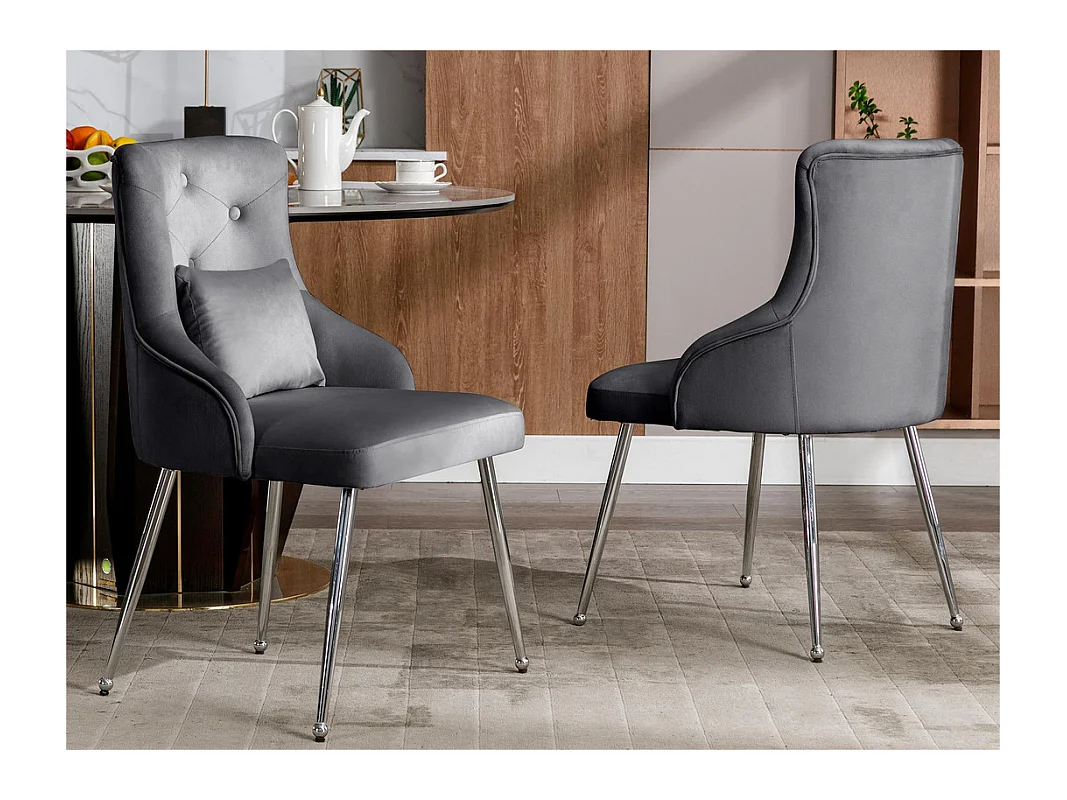 Set mit 6 samtgepolsterten Stühlen mit Kissen – Grau