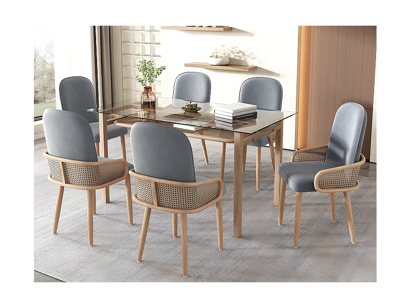 Set mit 6 Samtstühlen mit Rattan-Armlehnen – 4 natürliche Metallbeine – Grau