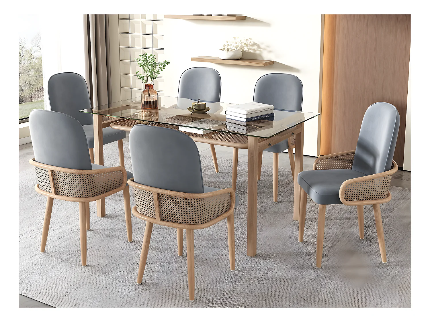 Set van 6 fluwelen stoelen met rotan armleuningen - 4 natuurlijke metalen poten - grijs