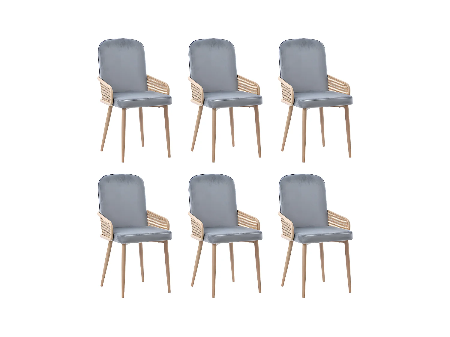 Lot de 6 Chaises en Velours avec accoudoirs en Rotin - 4 pieds en métal naturel - Gris