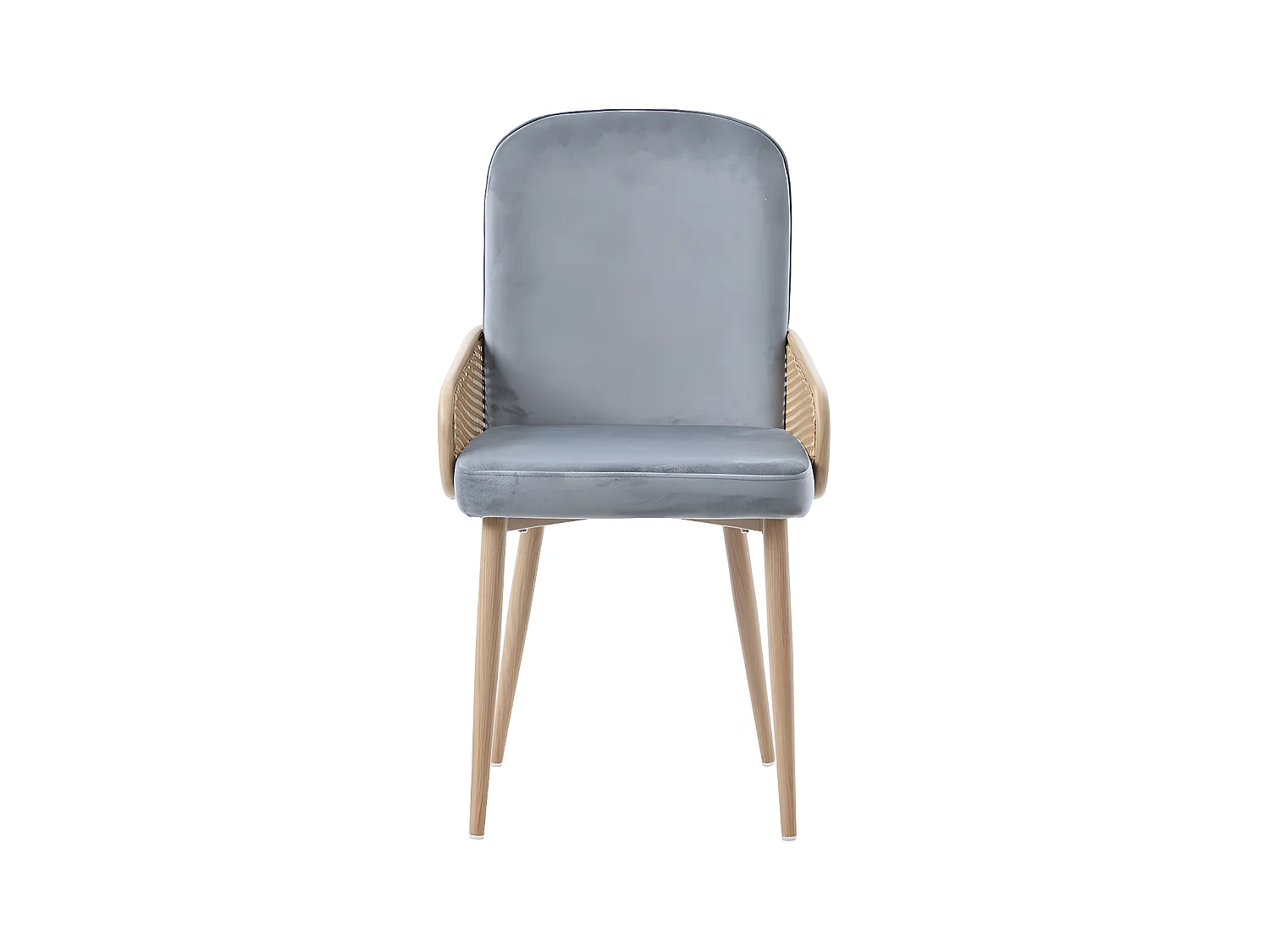 Lot de 6 Chaises en Velours avec accoudoirs en Rotin - 4 pieds en métal naturel - Gris