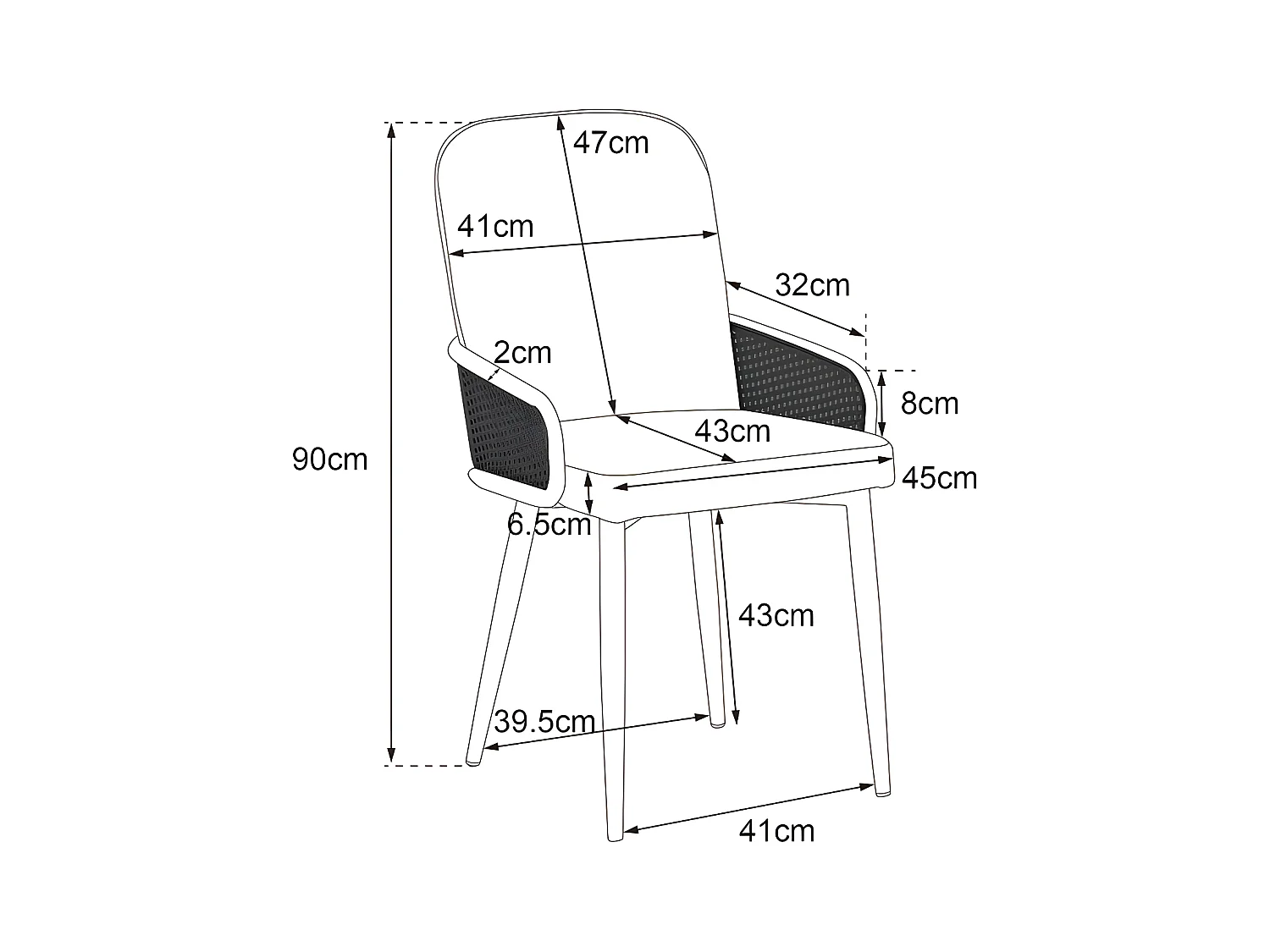 Lot de 6 Chaises en Velours avec accoudoirs en Rotin - 4 pieds en métal naturel - Gris
