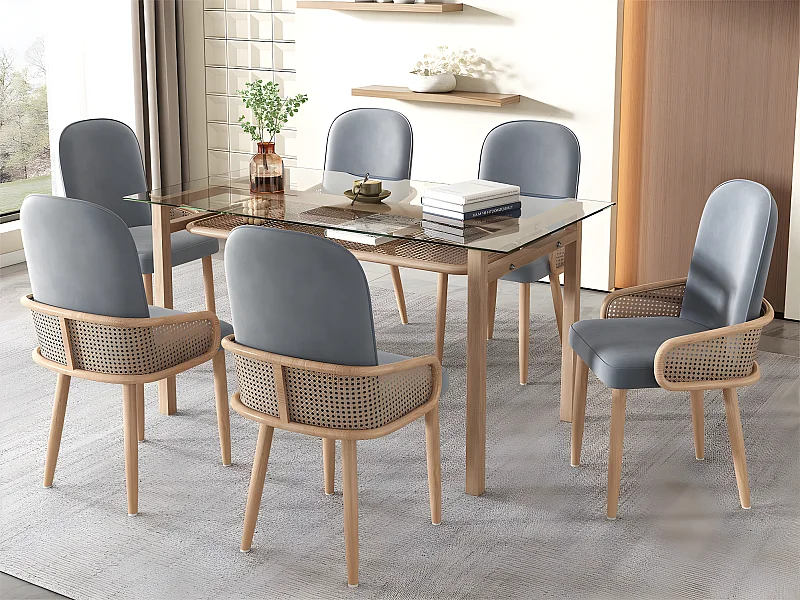 Lot de 6 Chaises en Velours avec accoudoirs en Rotin - 4 pieds en métal naturel - Gris