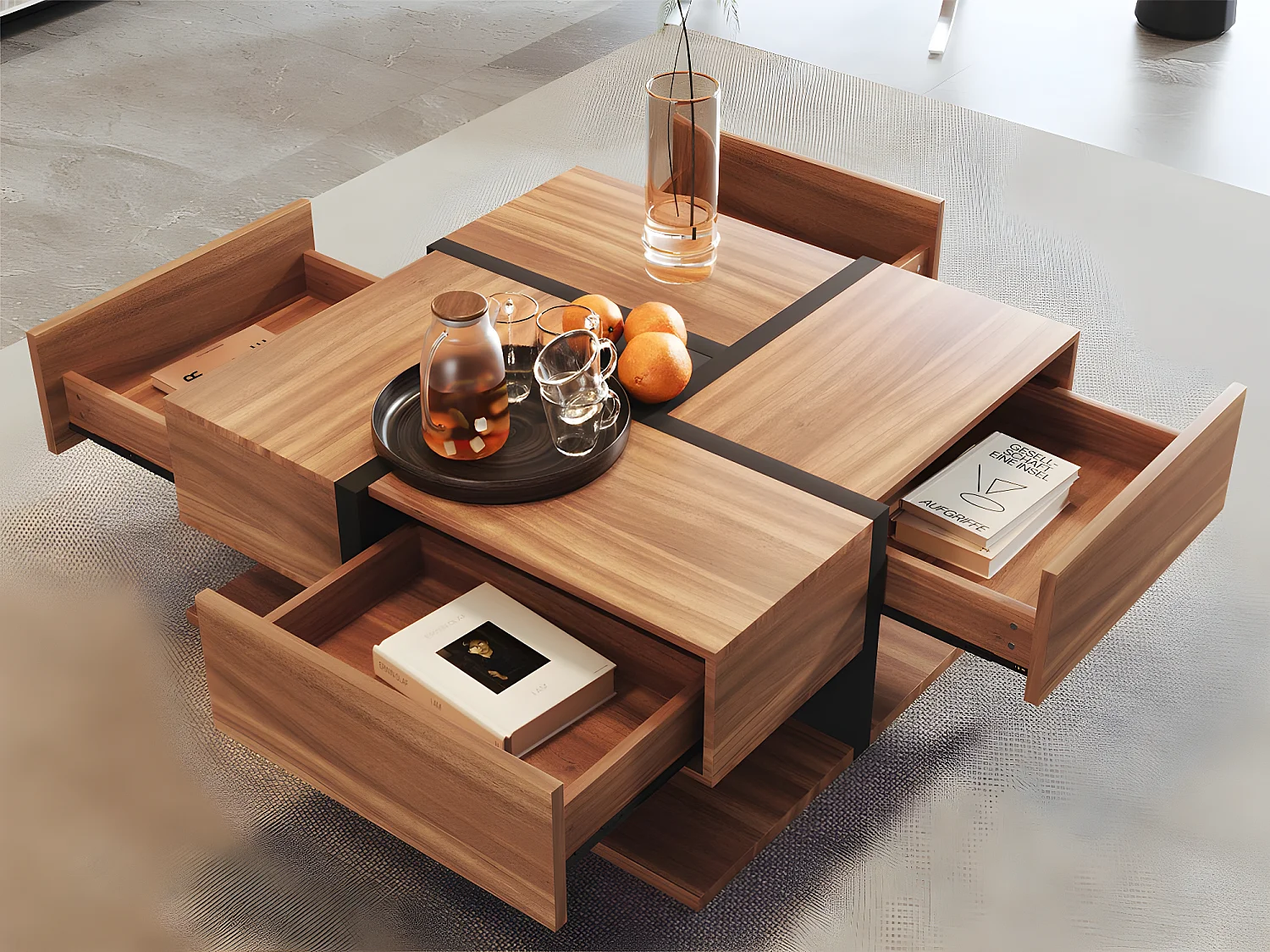 Table basse - 4 tiroirs - espace de rangement en bas - 78x78x36cm - Naturel