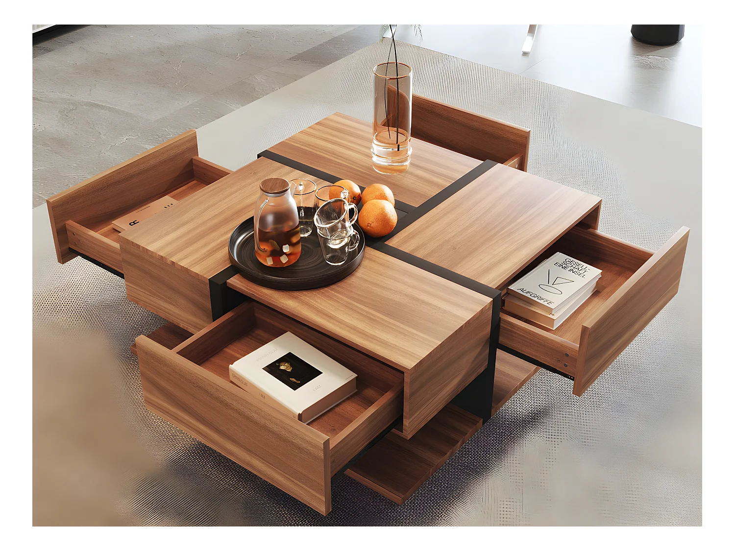 Table basse - 4 tiroirs - espace de rangement en bas - 78x78x36cm - Naturel