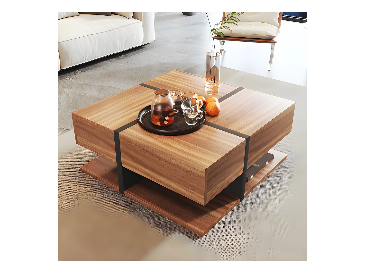 Salontafel - 4 lades - opbergruimte onderaan - 78x78x36cm - Naturel