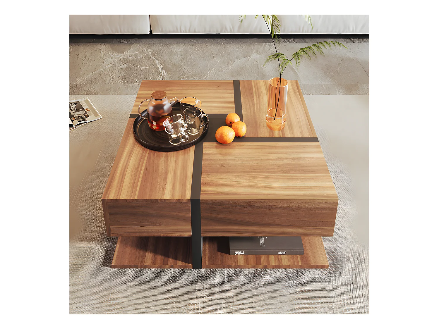 Salontafel - 4 lades - opbergruimte onderaan - 78x78x36cm - Naturel