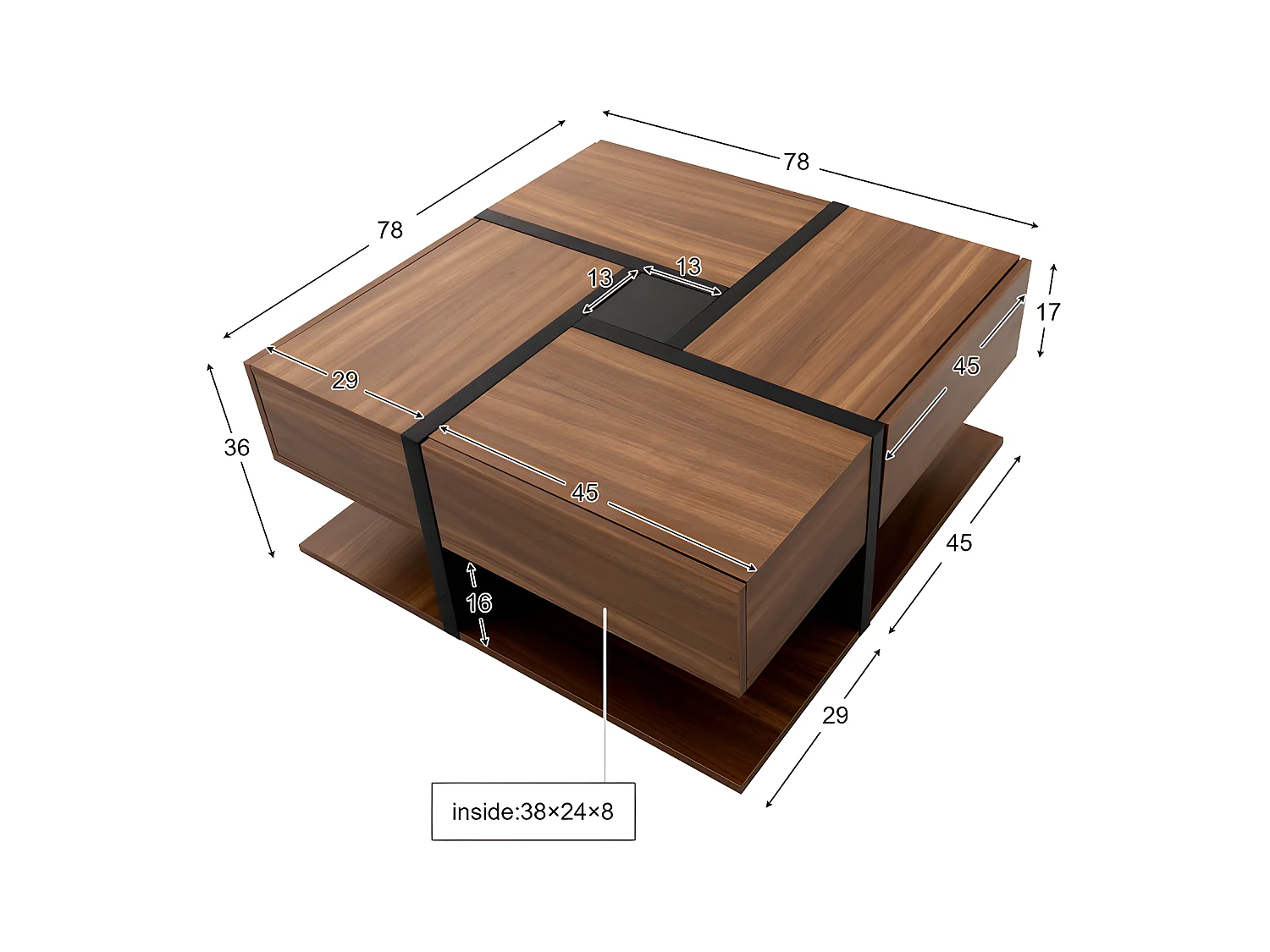 Salontafel - 4 lades - opbergruimte onderaan - 78x78x36cm - Naturel