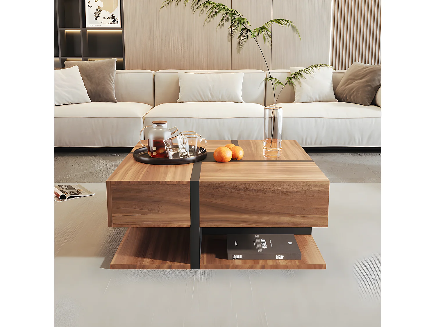 Couchtisch – 4 Schubladen – Stauraum unten – 78 x 78 x 36 cm – Natur