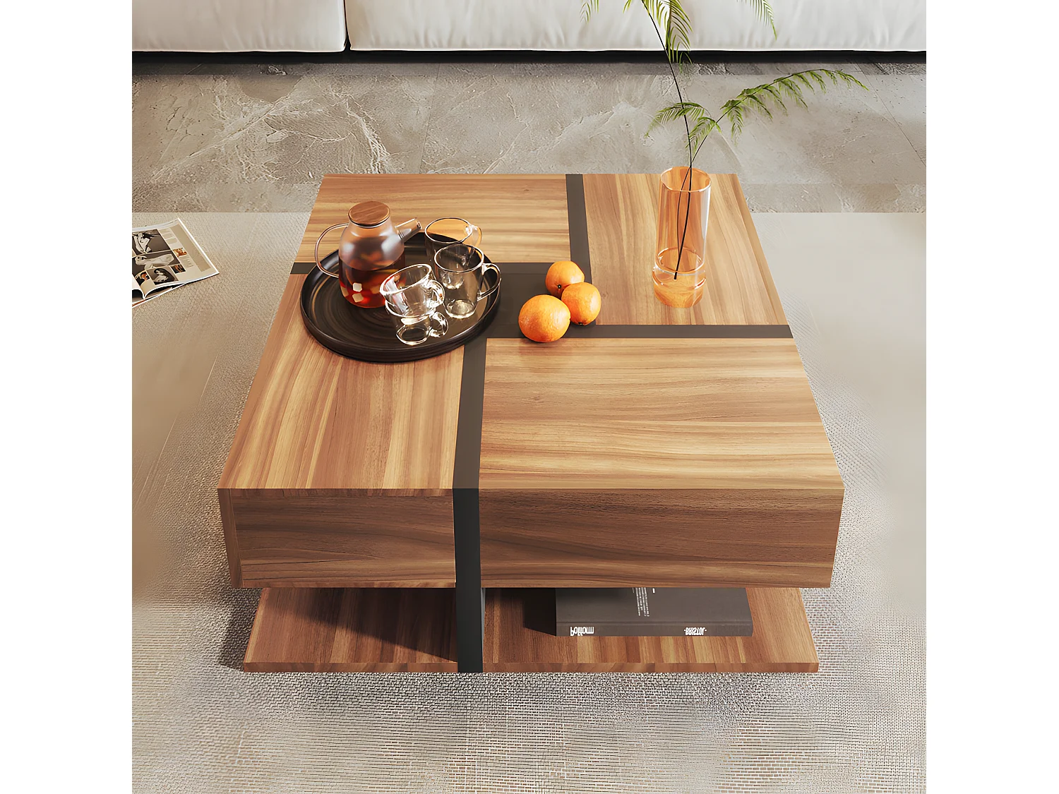 Couchtisch – 4 Schubladen – Stauraum unten – 78 x 78 x 36 cm – Natur