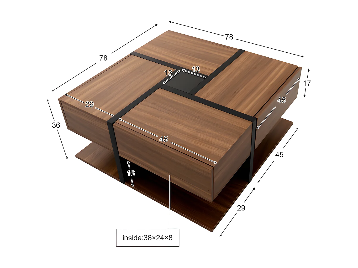 Couchtisch – 4 Schubladen – Stauraum unten – 78 x 78 x 36 cm – Natur