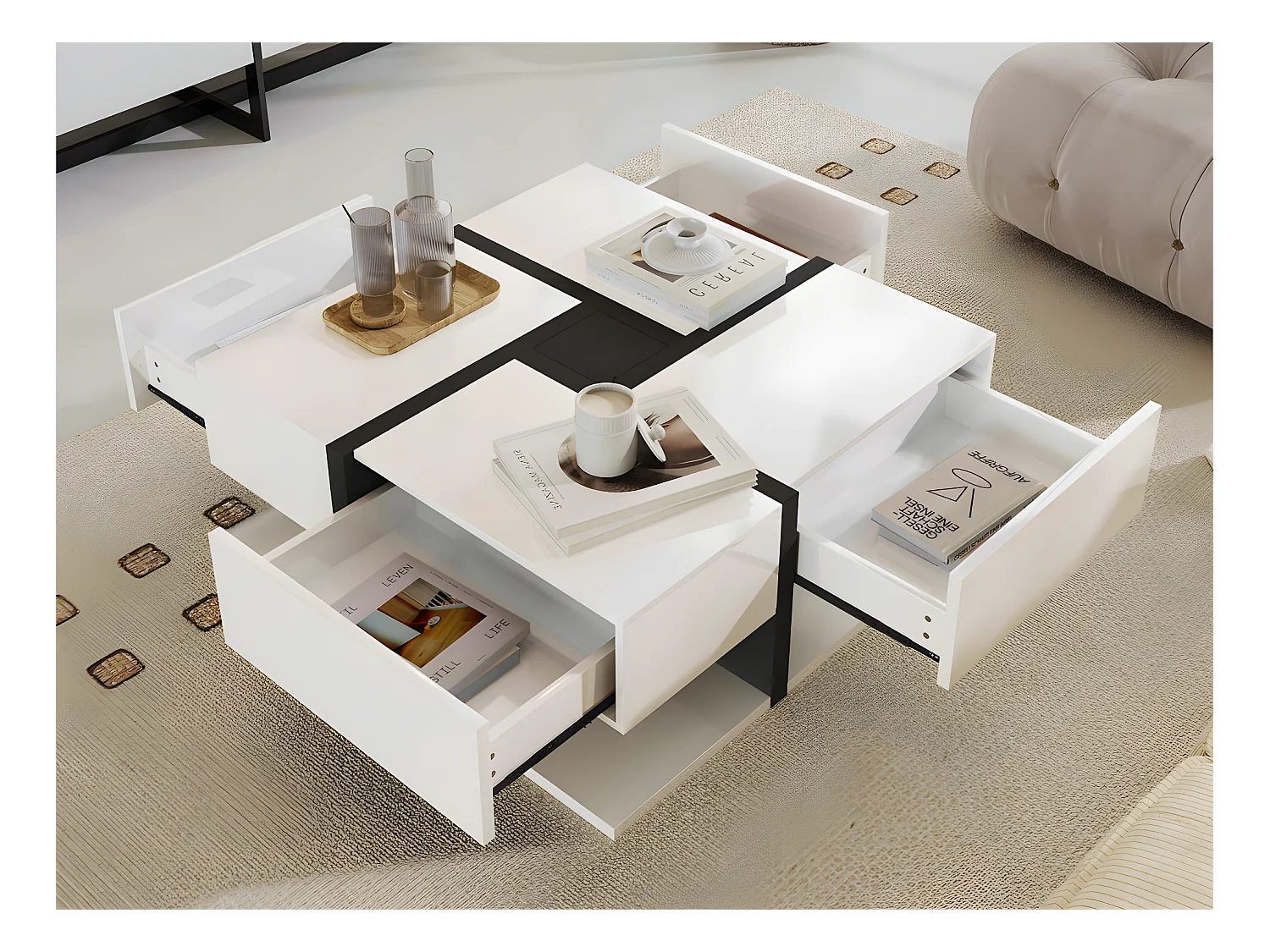 Couchtisch – 4 Schubladen – Stauraum unten – 78 x 78 x 36 cm – Weiß und Schwarz
