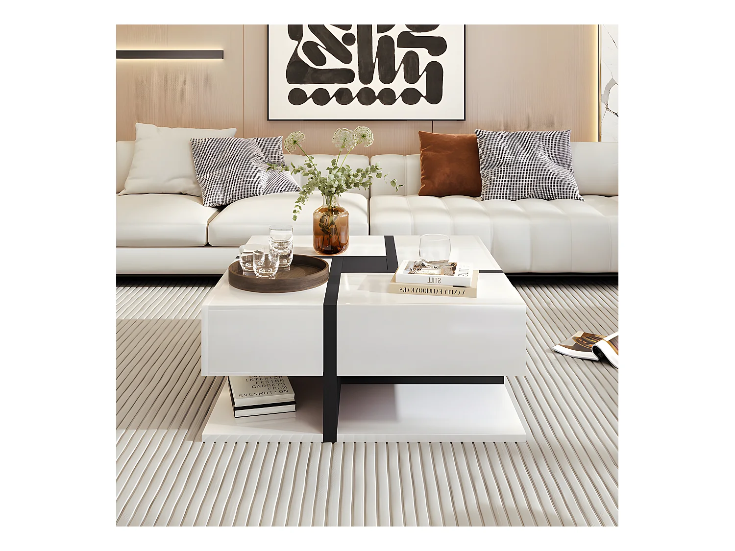 Mesa de centro - 4 cajones - espacio de almacenamiento en la parte inferior - 78x78x36cm - Blanco y negro