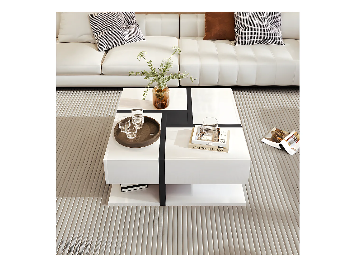 Mesa de centro - 4 cajones - espacio de almacenamiento en la parte inferior - 78x78x36cm - Blanco y negro