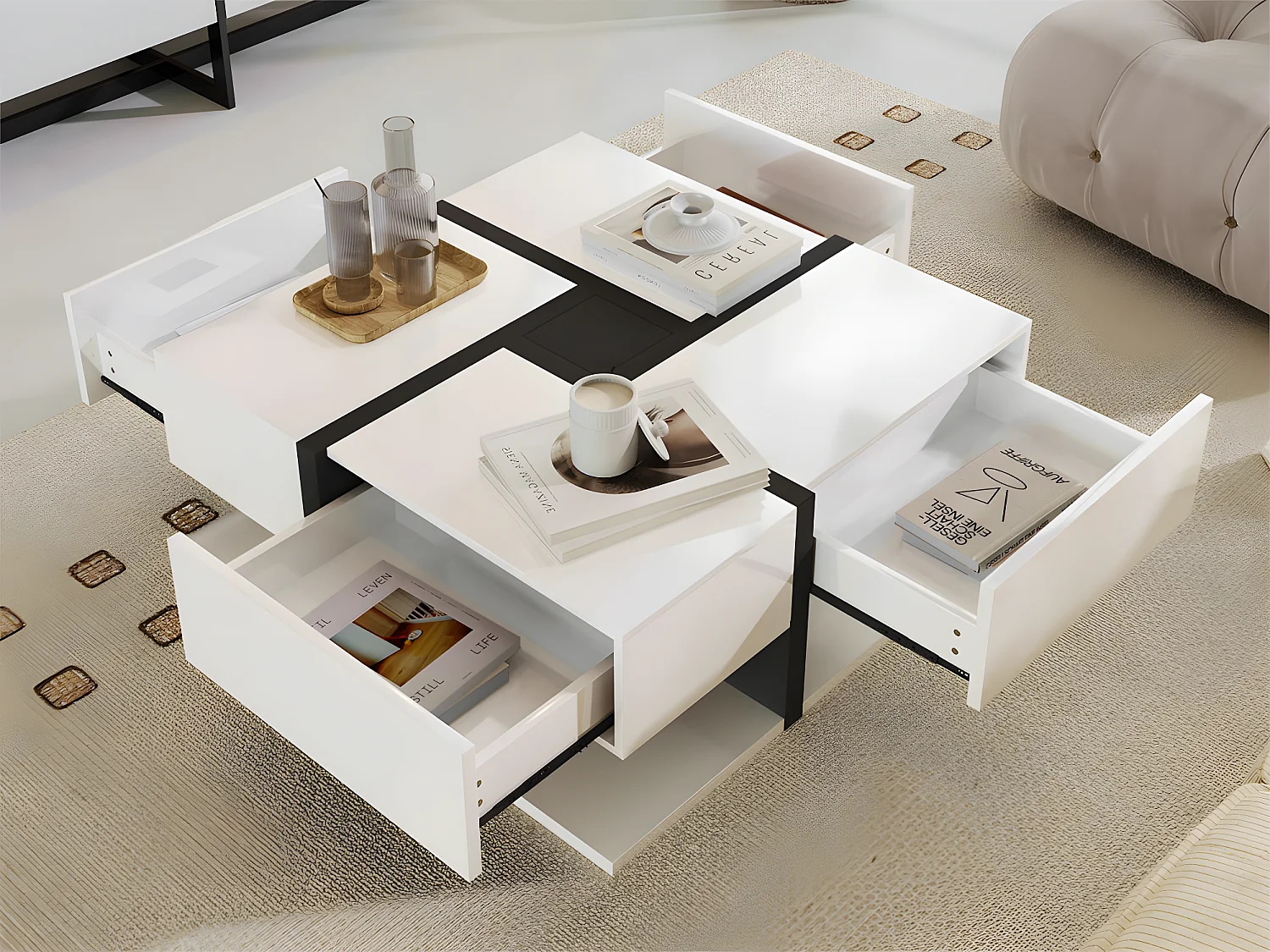 Table basse - 4 tiroirs - espace de rangement en bas - 78x78x36cm - Blanc & Noir