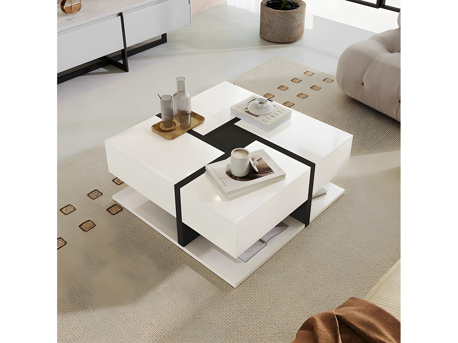 Table basse - 4 tiroirs - espace de rangement en bas - 78x78x36cm - Blanc & Noir