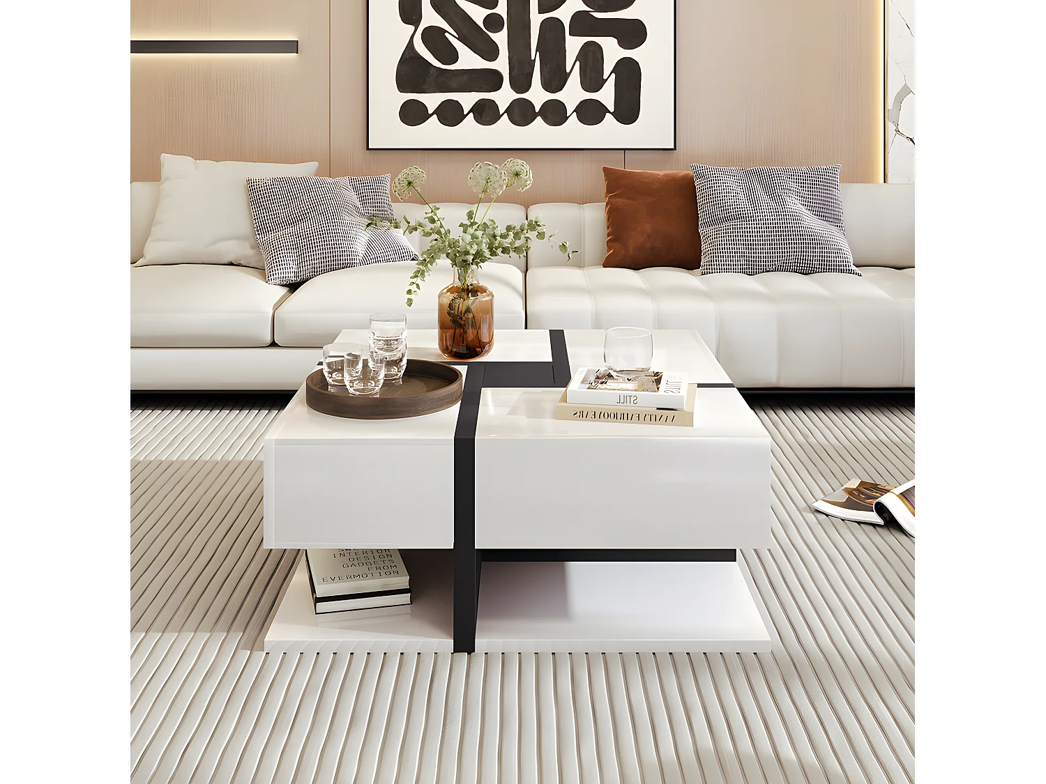 Table basse - 4 tiroirs - espace de rangement en bas - 78x78x36cm - Blanc & Noir