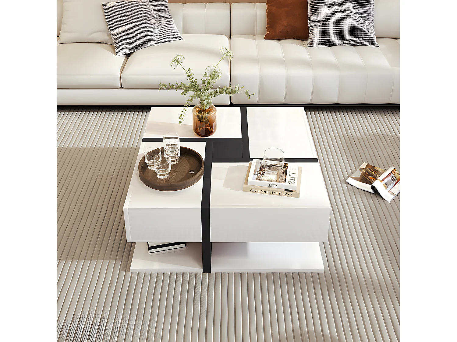 Table basse - 4 tiroirs - espace de rangement en bas - 78x78x36cm - Blanc & Noir