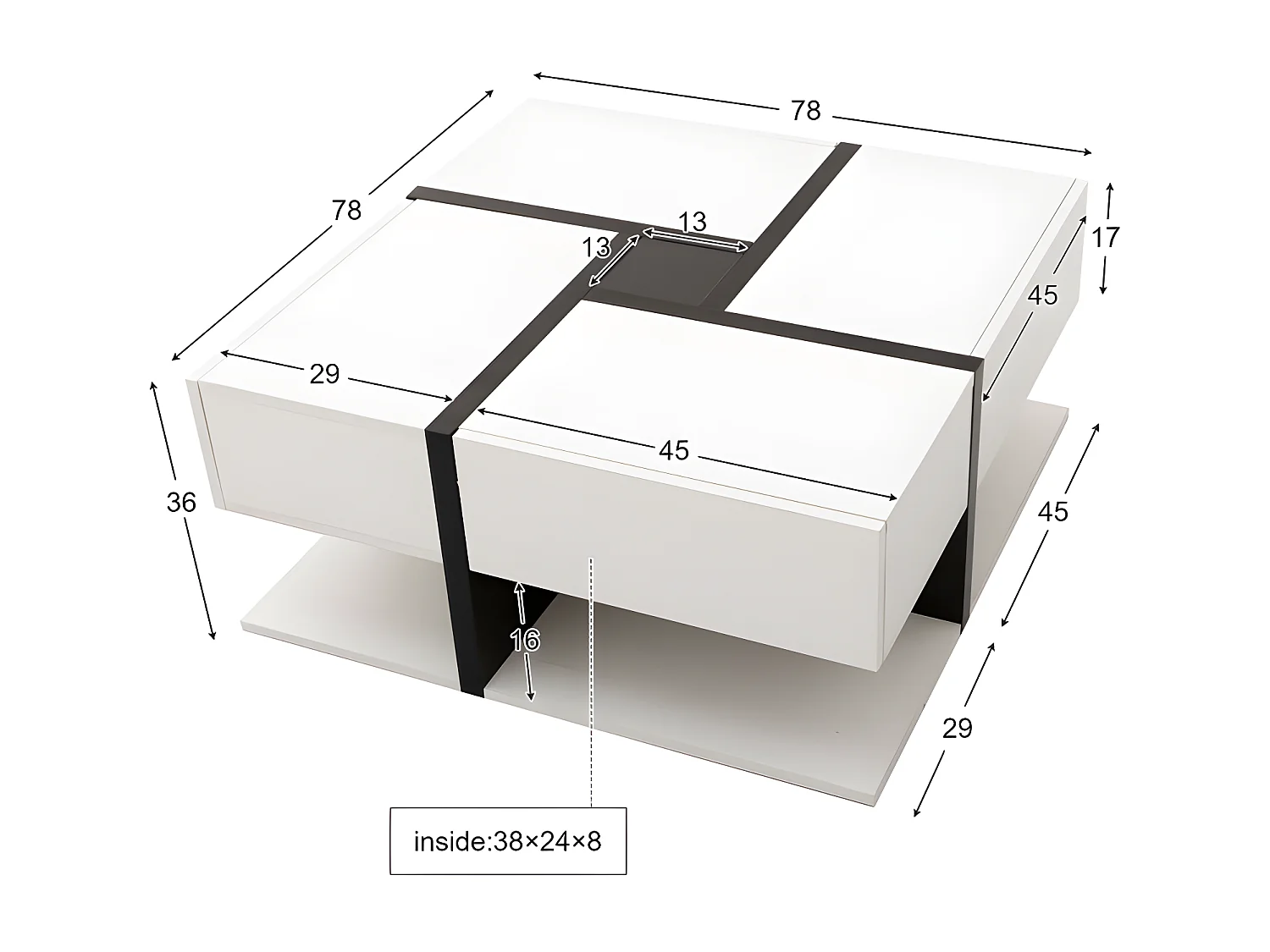 Table basse - 4 tiroirs - espace de rangement en bas - 78x78x36cm - Blanc & Noir