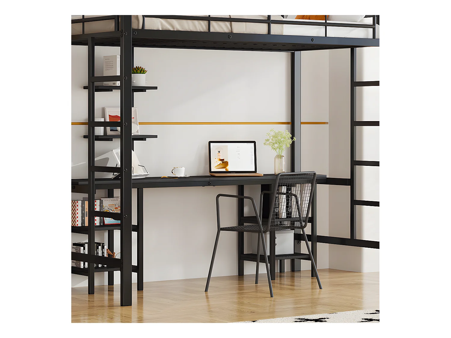 Lit mezzanine 90x200 cm - avec bureau et étagères - cadre en fer - Noir