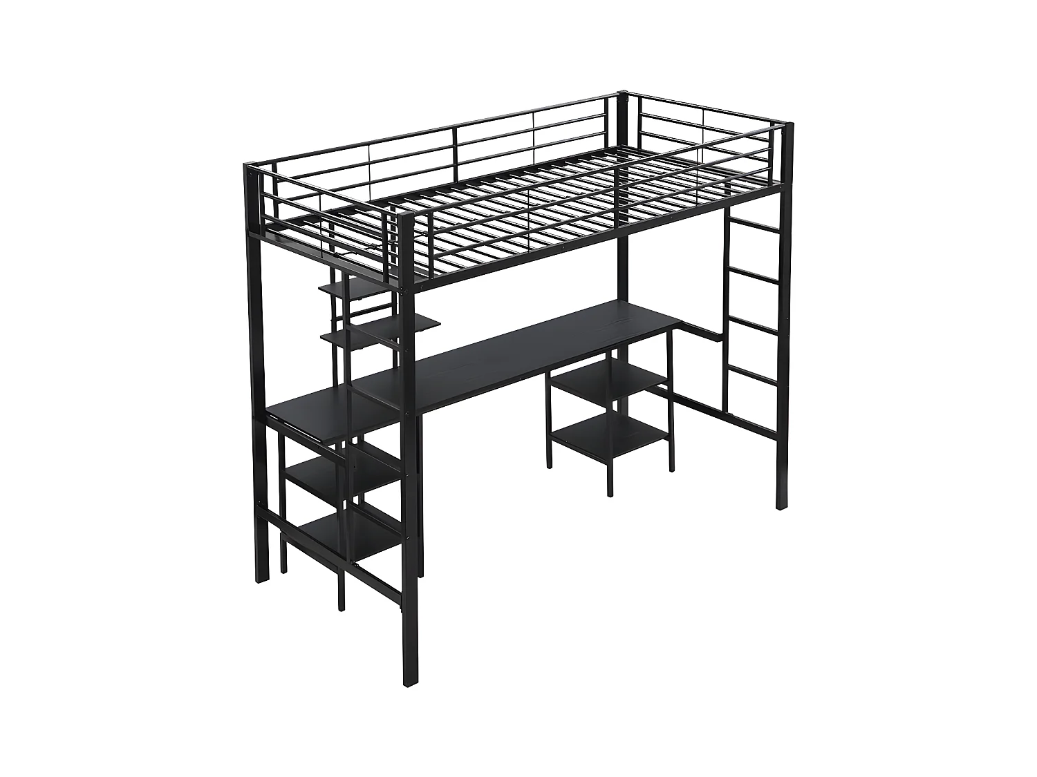Lit mezzanine 90x200 cm - avec bureau et étagères - cadre en fer - Noir