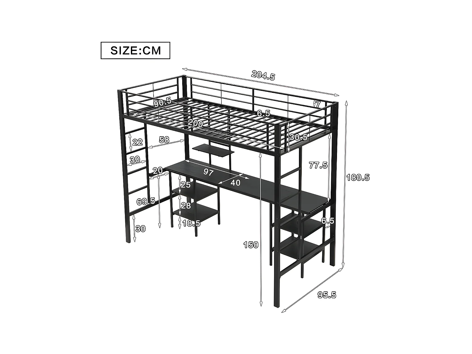 Lit mezzanine 90x200 cm - avec bureau et étagères - cadre en fer - Noir